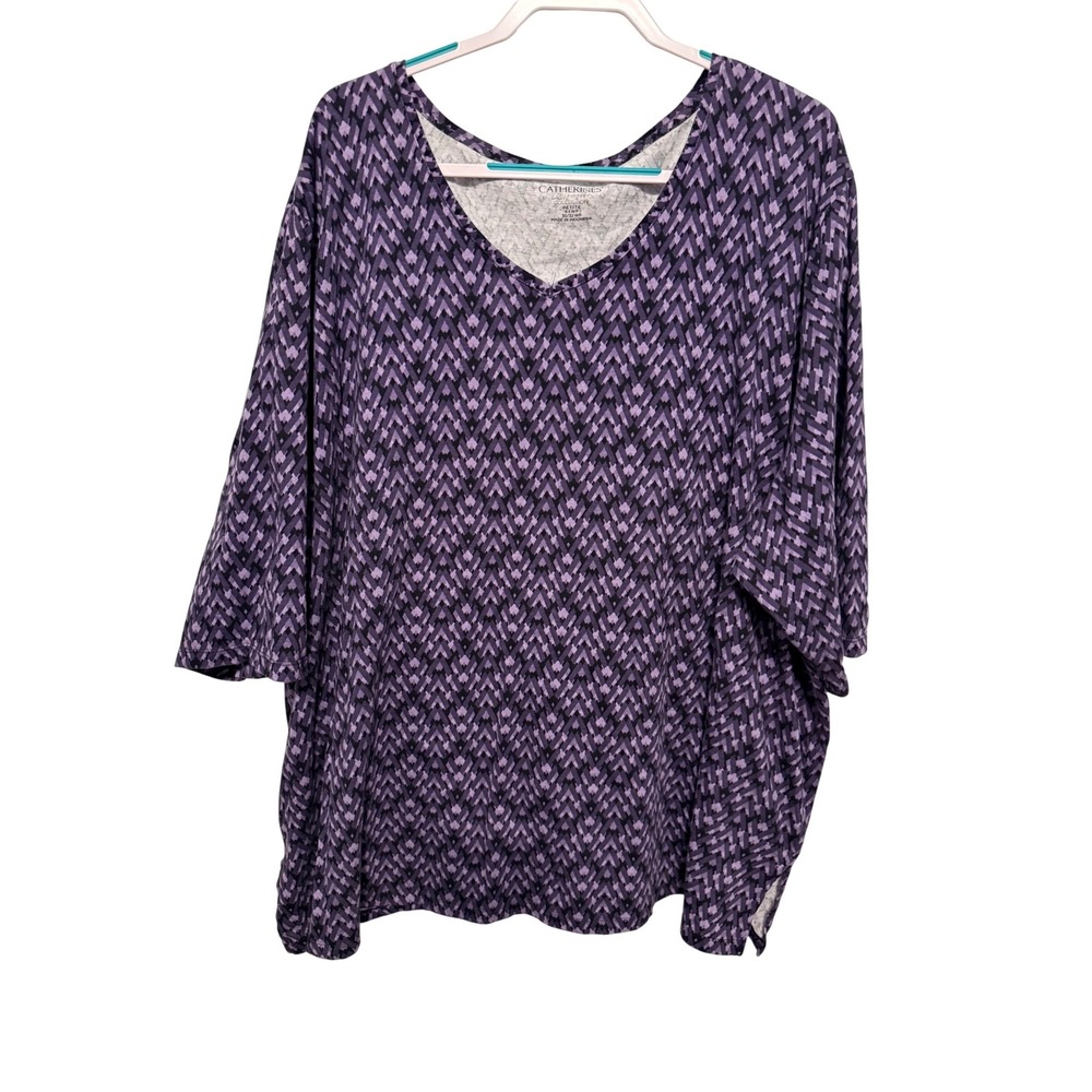 Catherines Purple Geometric Chevron V-Neck Easy Fit Tee Tunic Top 4XWP 30/32 WP